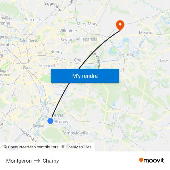 Montgeron to Charny map