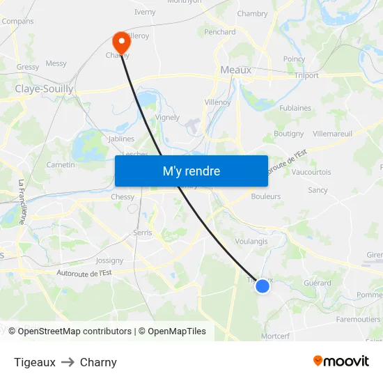 Tigeaux to Charny map