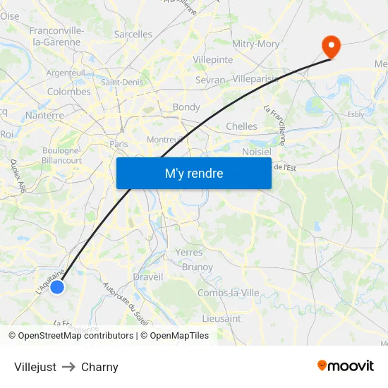 Villejust to Charny map