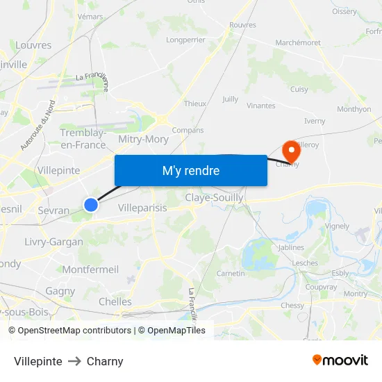 Villepinte to Charny map