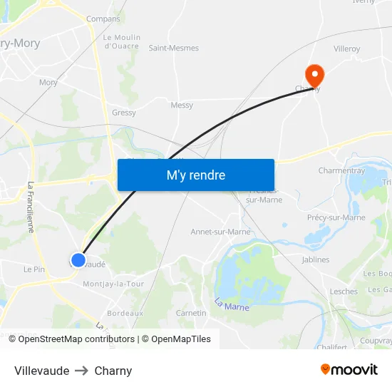 Villevaude to Charny map