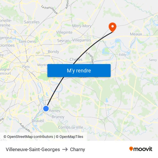 Villeneuve-Saint-Georges to Charny map