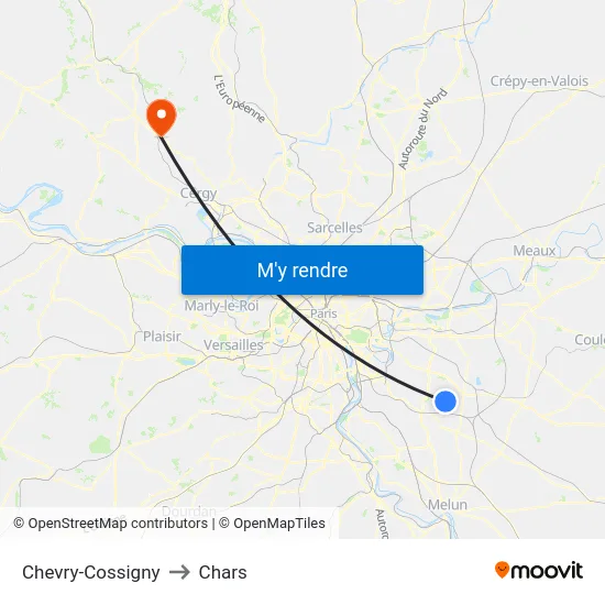 Chevry-Cossigny to Chars map