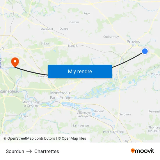 Sourdun to Chartrettes map