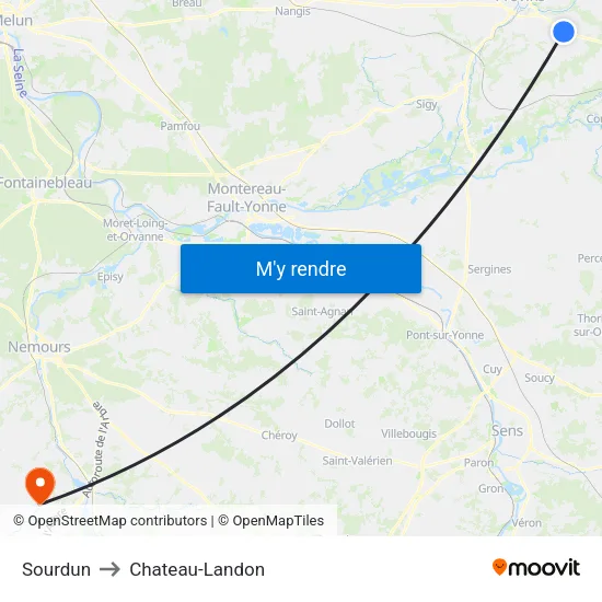 Sourdun to Chateau-Landon map