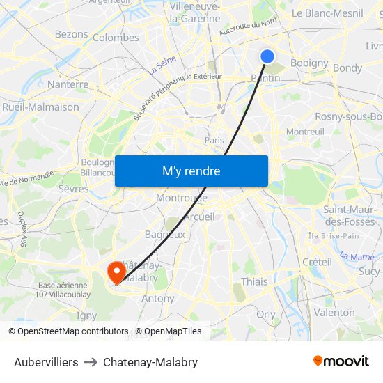 Aubervilliers to Chatenay-Malabry map