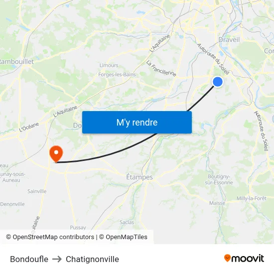 Bondoufle to Chatignonville map