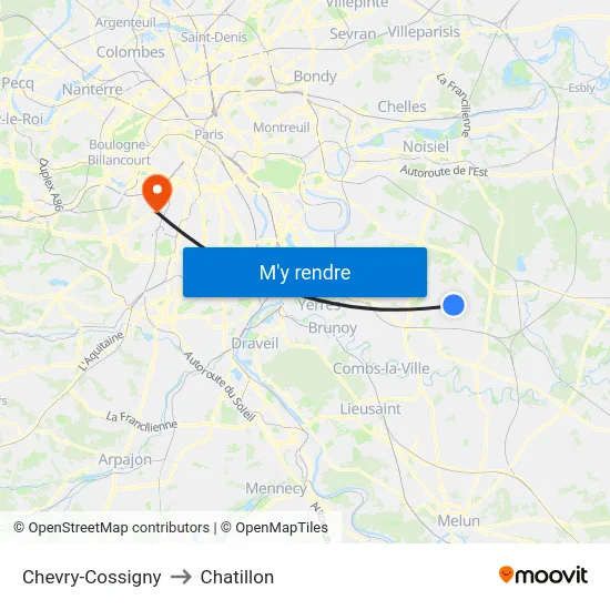 Chevry-Cossigny to Chatillon map