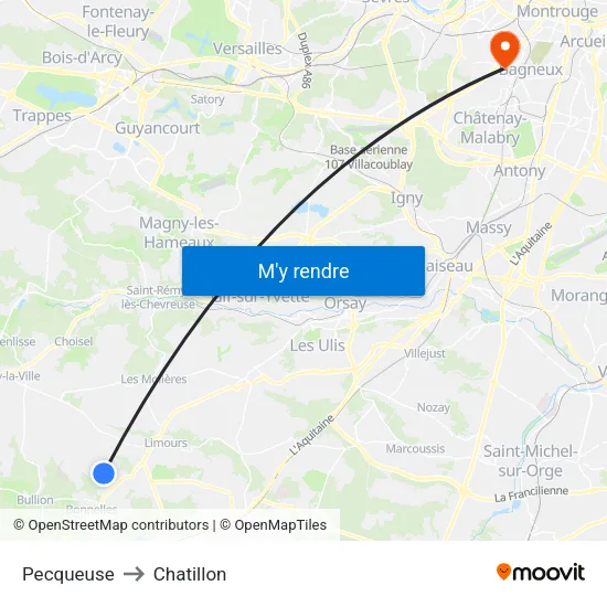 Pecqueuse to Chatillon map