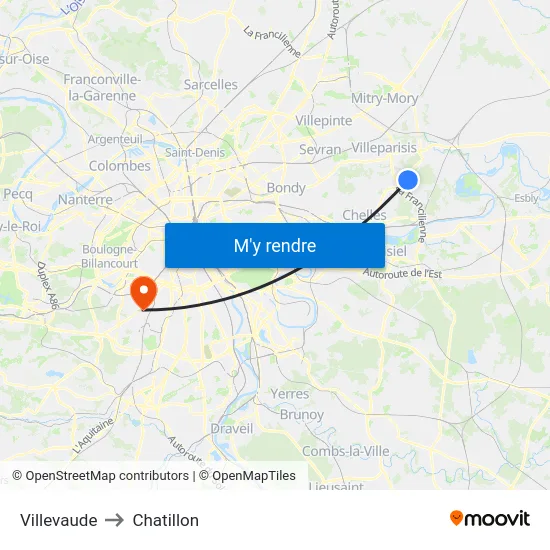 Villevaude to Chatillon map