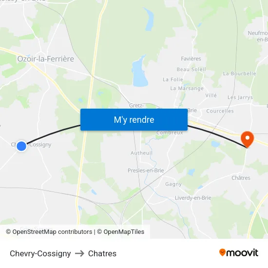 Chevry-Cossigny to Chatres map