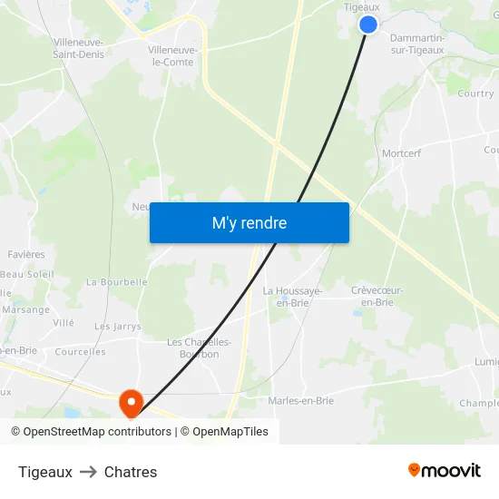 Tigeaux to Chatres map