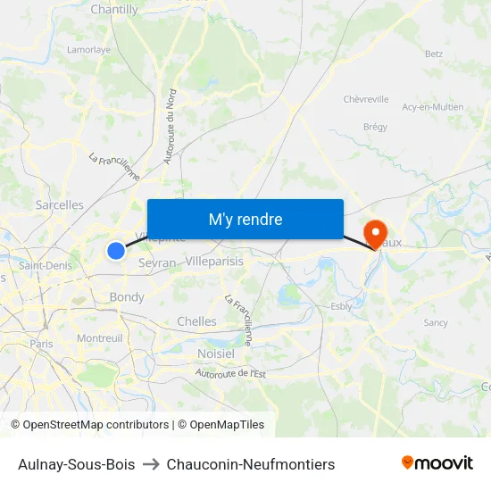 Aulnay-Sous-Bois to Chauconin-Neufmontiers map