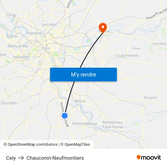 Cely to Chauconin-Neufmontiers map