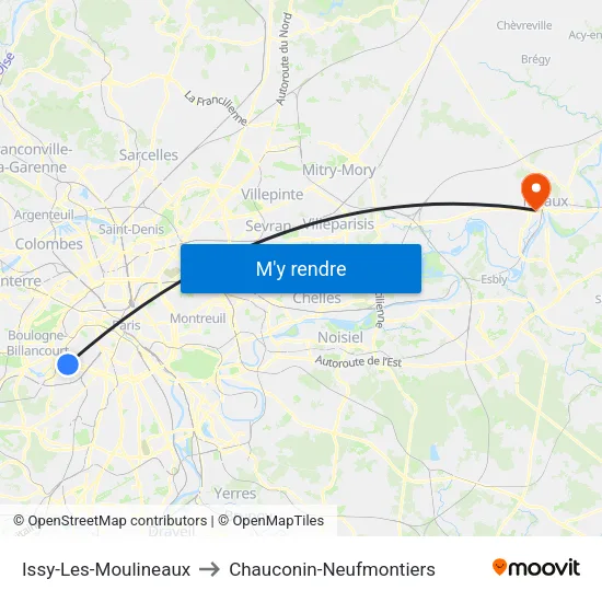 Issy-Les-Moulineaux to Chauconin-Neufmontiers map