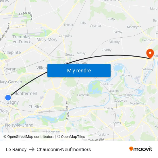 Le Raincy to Chauconin-Neufmontiers map