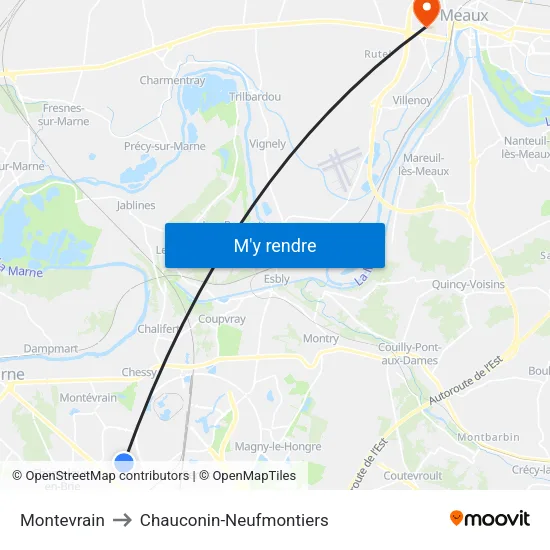 Montevrain to Chauconin-Neufmontiers map