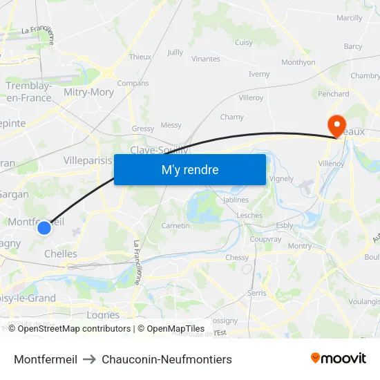 Montfermeil to Chauconin-Neufmontiers map