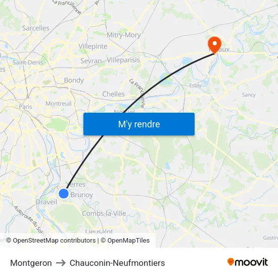 Montgeron to Chauconin-Neufmontiers map