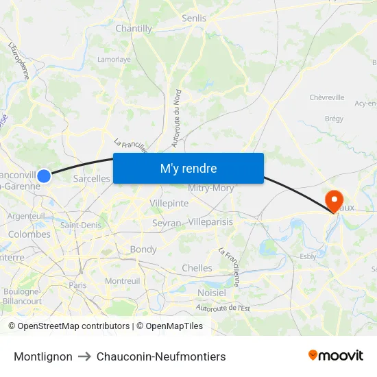 Montlignon to Chauconin-Neufmontiers map
