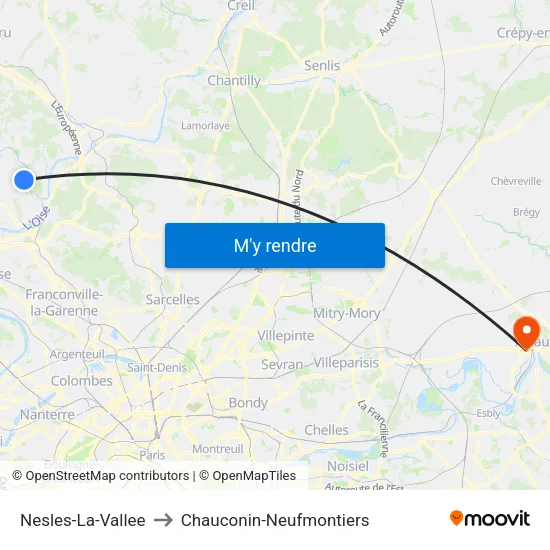 Nesles-La-Vallee to Chauconin-Neufmontiers map