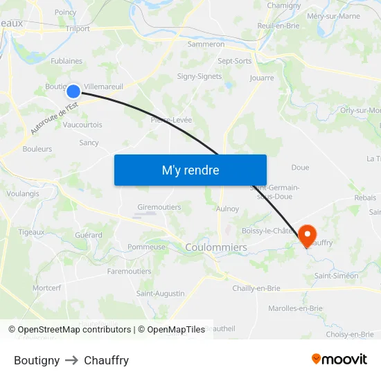 Boutigny to Chauffry map