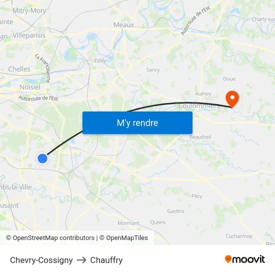 Chevry-Cossigny to Chauffry map