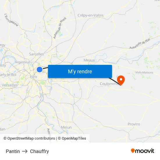 Pantin to Chauffry map