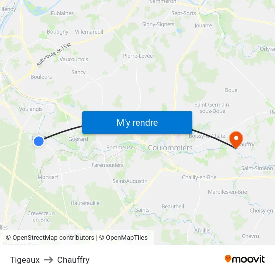 Tigeaux to Chauffry map