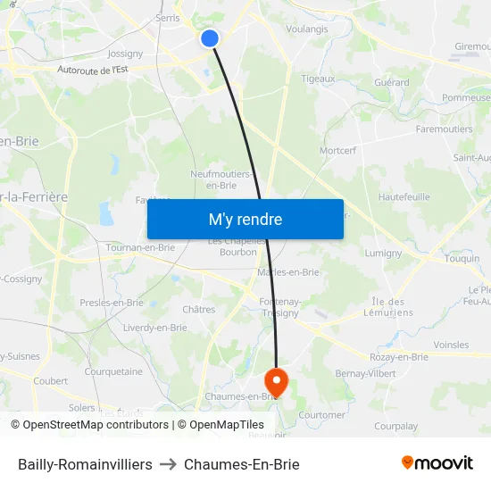 Bailly-Romainvilliers to Chaumes-En-Brie map