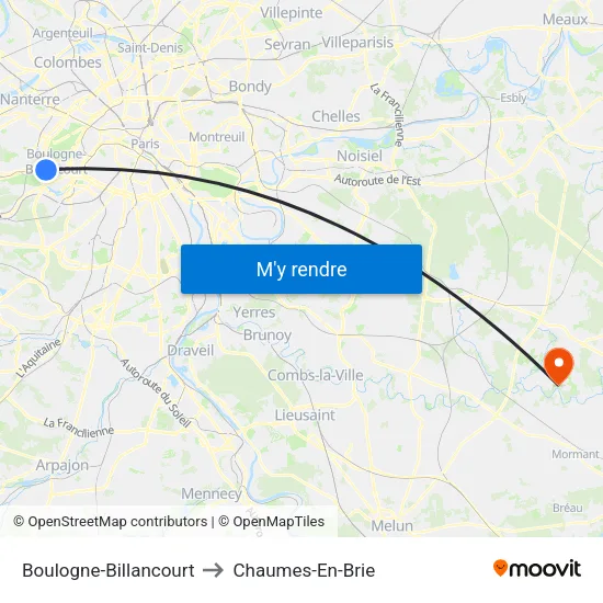 Boulogne-Billancourt to Chaumes-En-Brie map