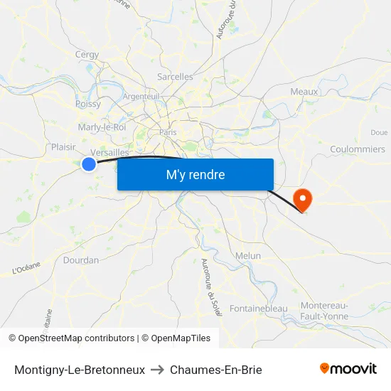 Montigny-Le-Bretonneux to Chaumes-En-Brie map