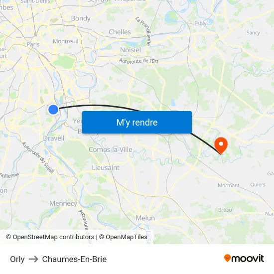 Orly to Chaumes-En-Brie map