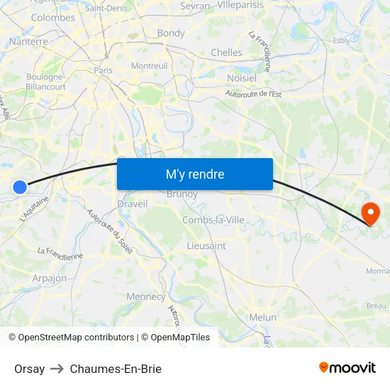 Orsay to Chaumes-En-Brie map