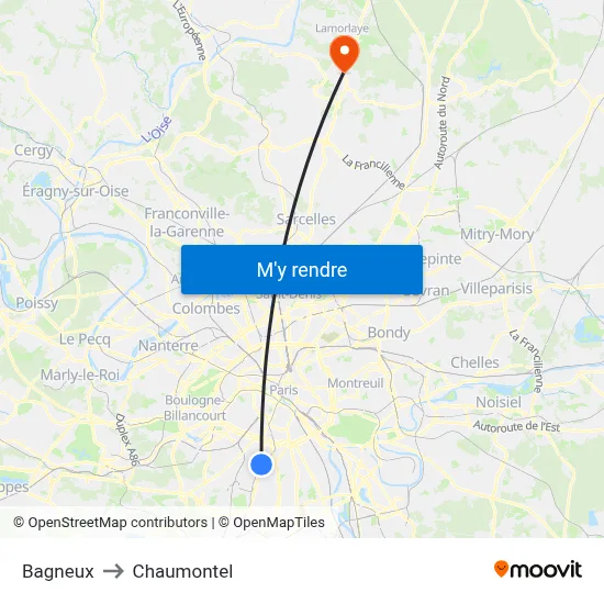 Bagneux to Chaumontel map