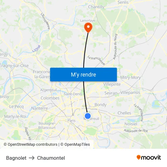 Bagnolet to Chaumontel map