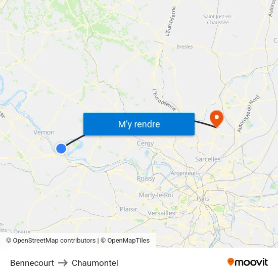 Bennecourt to Chaumontel map
