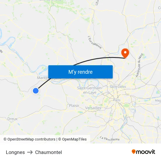 Longnes to Chaumontel map