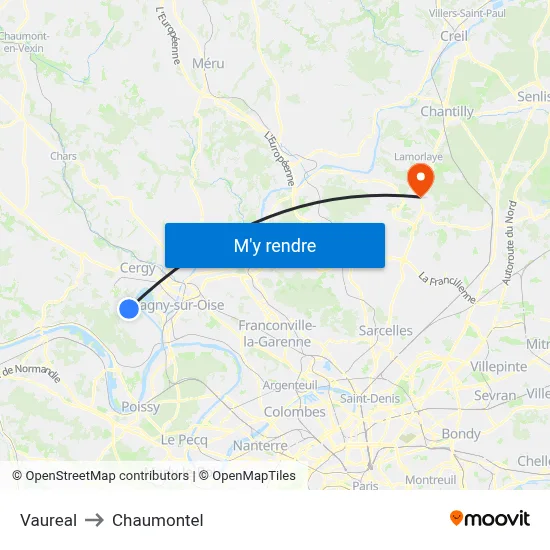 Vaureal to Chaumontel map