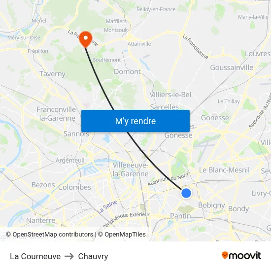 La Courneuve to Chauvry map