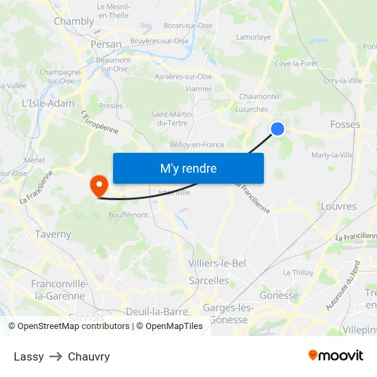Lassy to Chauvry map
