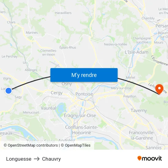 Longuesse to Chauvry map