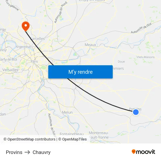 Provins to Chauvry map