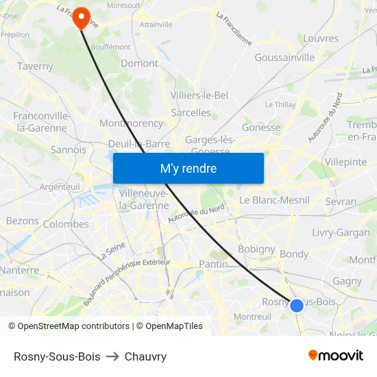 Rosny-Sous-Bois to Chauvry map