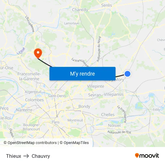 Thieux to Chauvry map