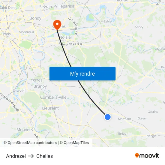 Andrezel to Chelles map