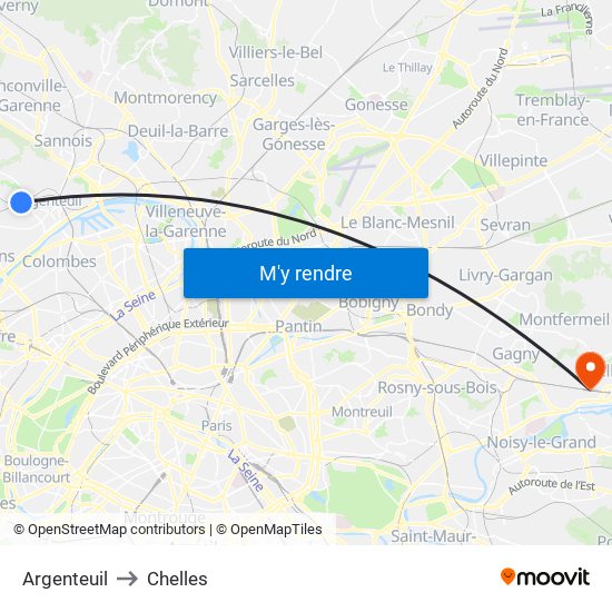 Argenteuil to Chelles map