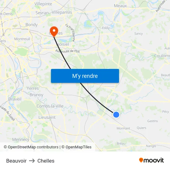 Beauvoir to Chelles map