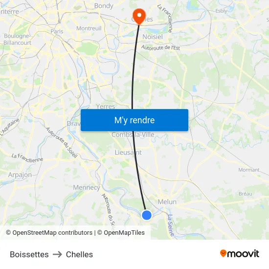 Boissettes to Chelles map