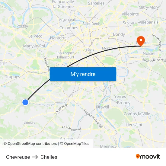 Chevreuse to Chelles map